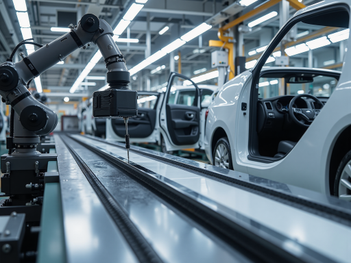 汽车制造车间机器人焊接，车身组装线，自动化生产设备，工业机器人作业