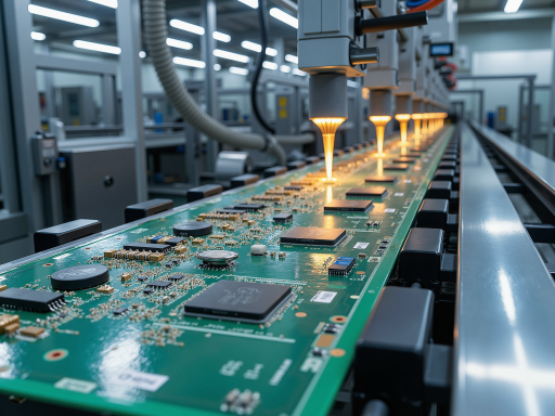 电子制造工厂自动化生产线，SMT贴片机运行，PCB板传输，精密电子元件加工