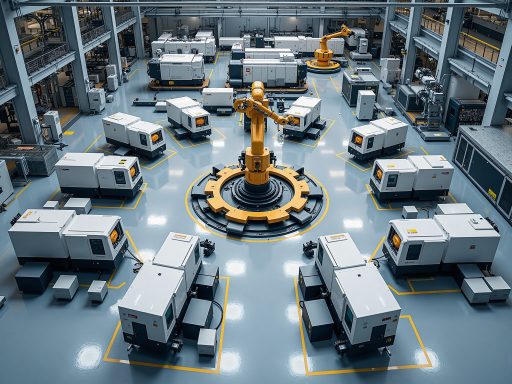 机械加工车间数控机床，自动化上下料系统，精密零件加工，工业机器人协作