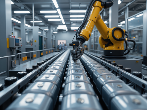 智能制造工厂场景，现代化生产线，机器人手臂操作，工业设备运行，蓝色科技背景