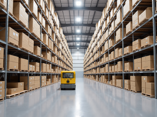 自动化立体仓库，货架系统，AGV小车运行，现代物流中心场景